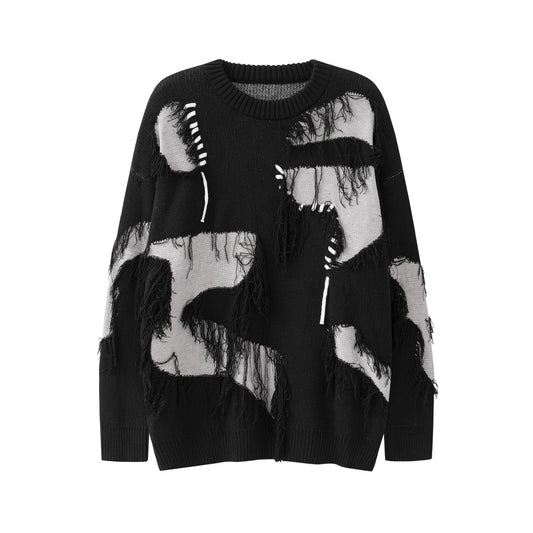STITCH Stitched distressed knit pullover top BLACK