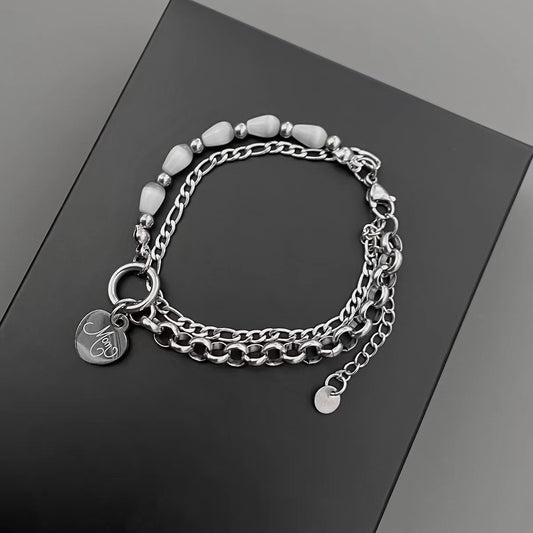 DOUBLE CHAIN BEAD BRACELET SILVER