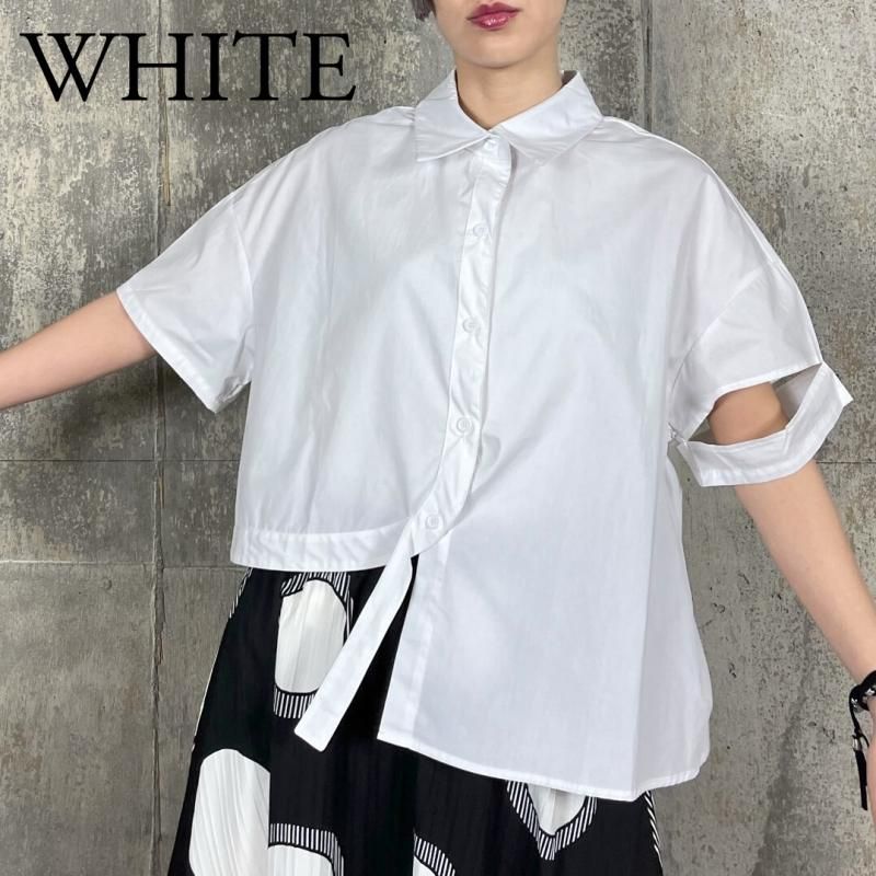 RooM404 スリーブカット フロントヘムラウンド アシンメトリーシャツブラウス WHITE
