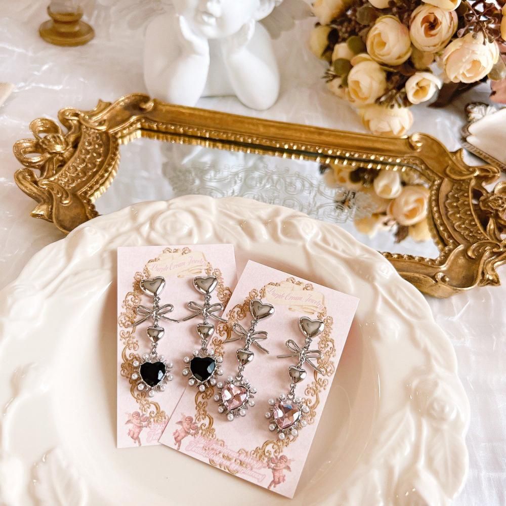 Purple Cream ガーリーハートパールピアス P1493