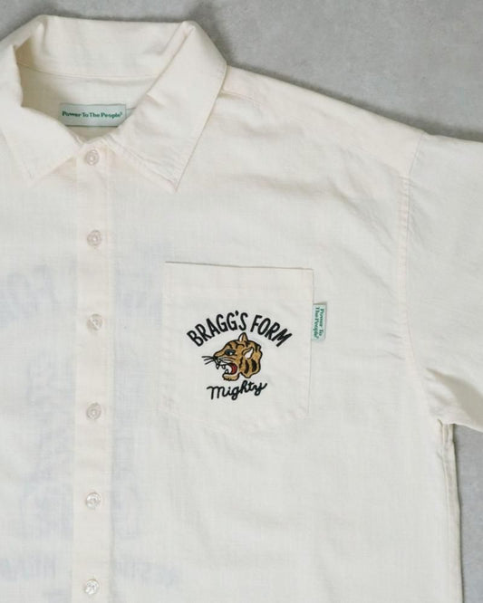 POWER TO THE PEOPLE TIGER 麻ライク 刺繍 シャツ WHITE