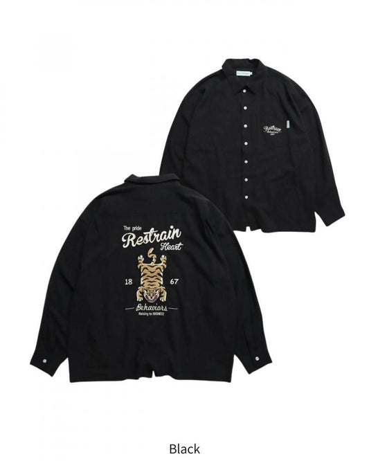 POWER TO THE PEOPLE トラ麻ライク刺繍シャツ BLACK