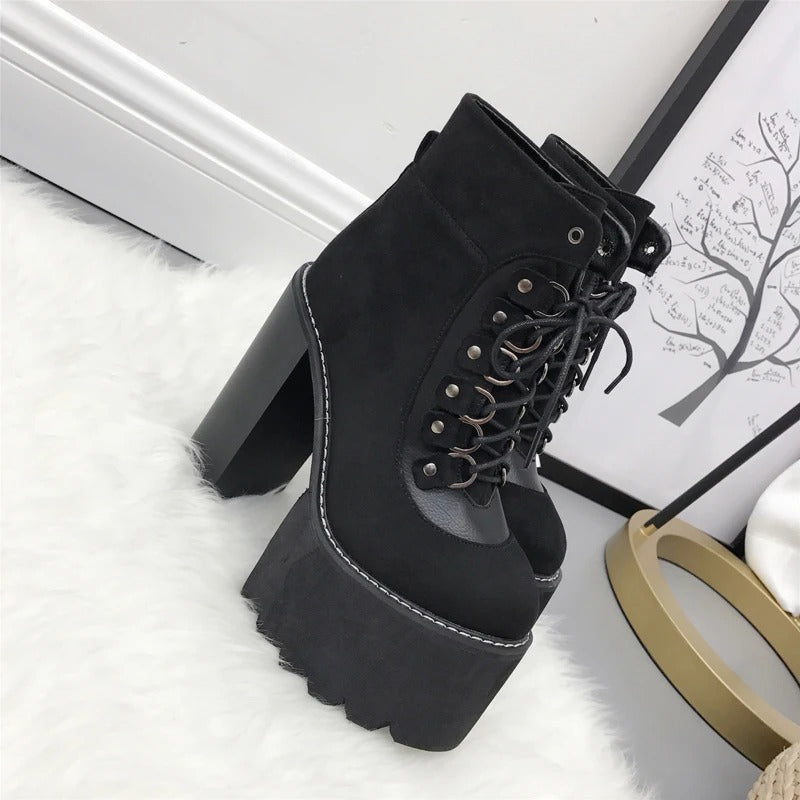 Lace-up faux suede high heel boots BLACK