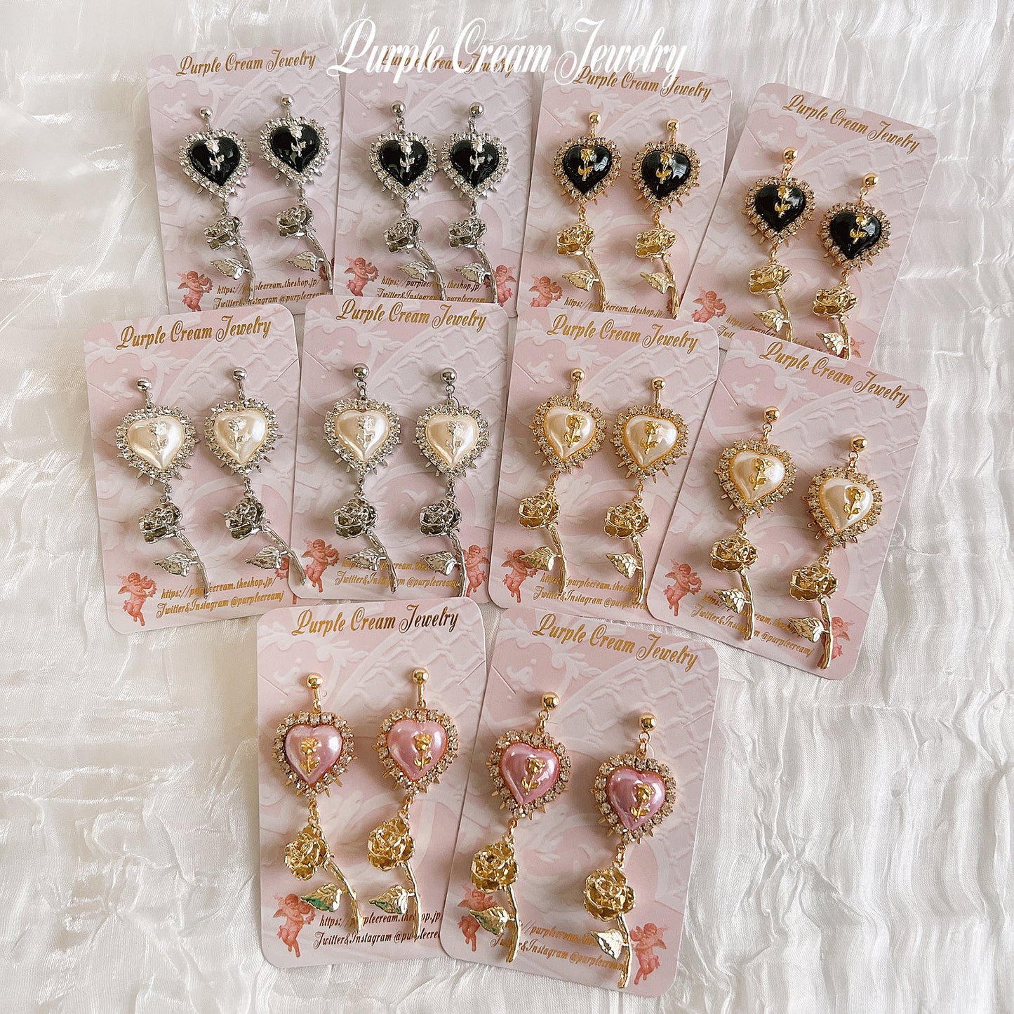 Purple Cream ガーリーホワイトローズ ピアス・イヤリング GOLD P1275