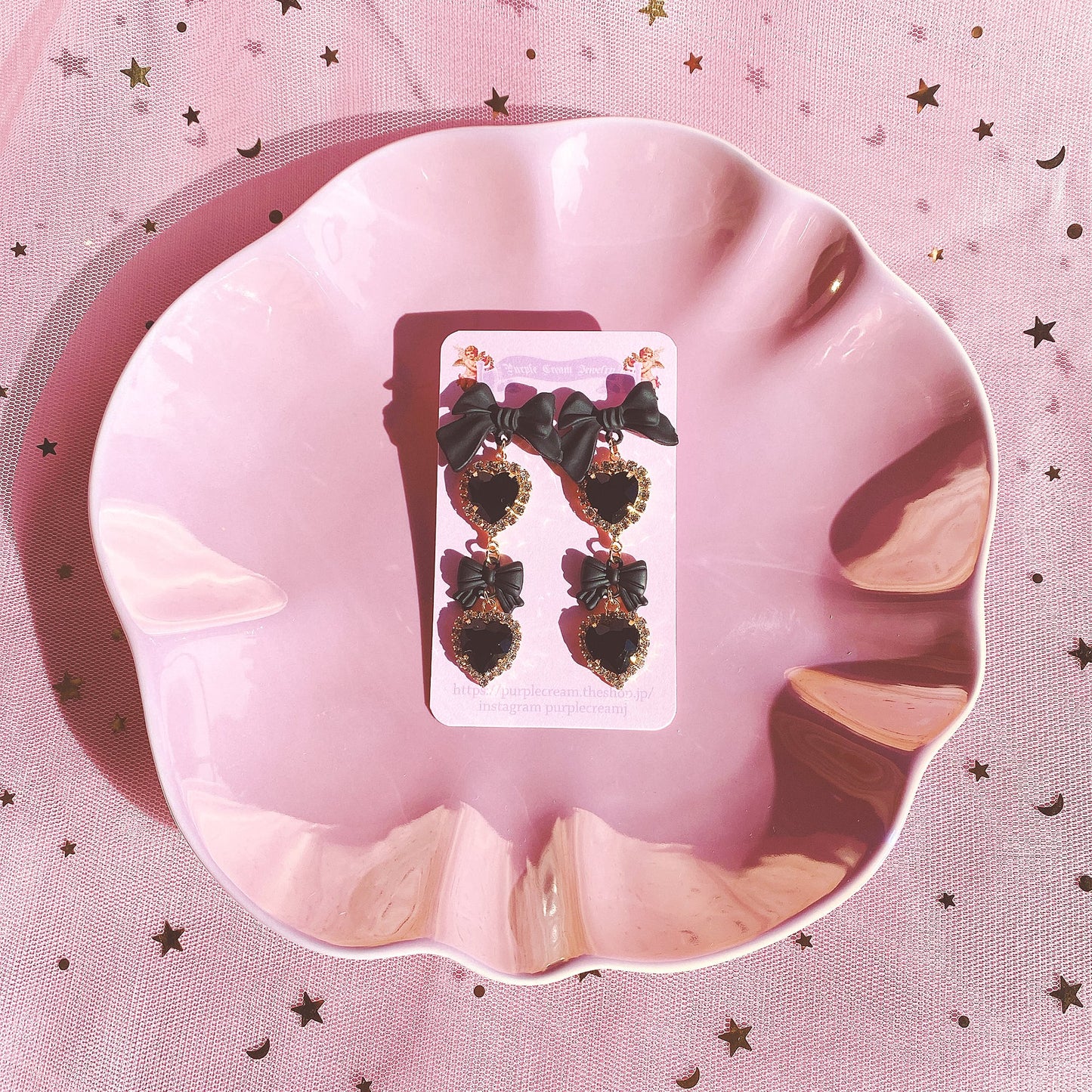 Purple Cream Black Ribbon & Heart Earrings P1002