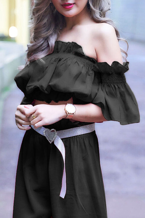 Off-the-shoulder top and pants set BLACK