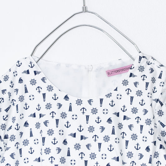 Glitters For Dinner Anchor Baby Doll Dress Marine Print Dress WHITE