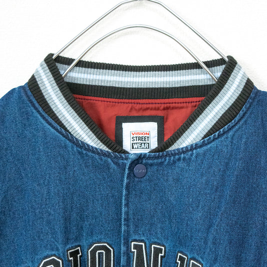 VISION STREET WEAR カレッジロゴ刺繍 デニムスタジアムジャケット BLUE