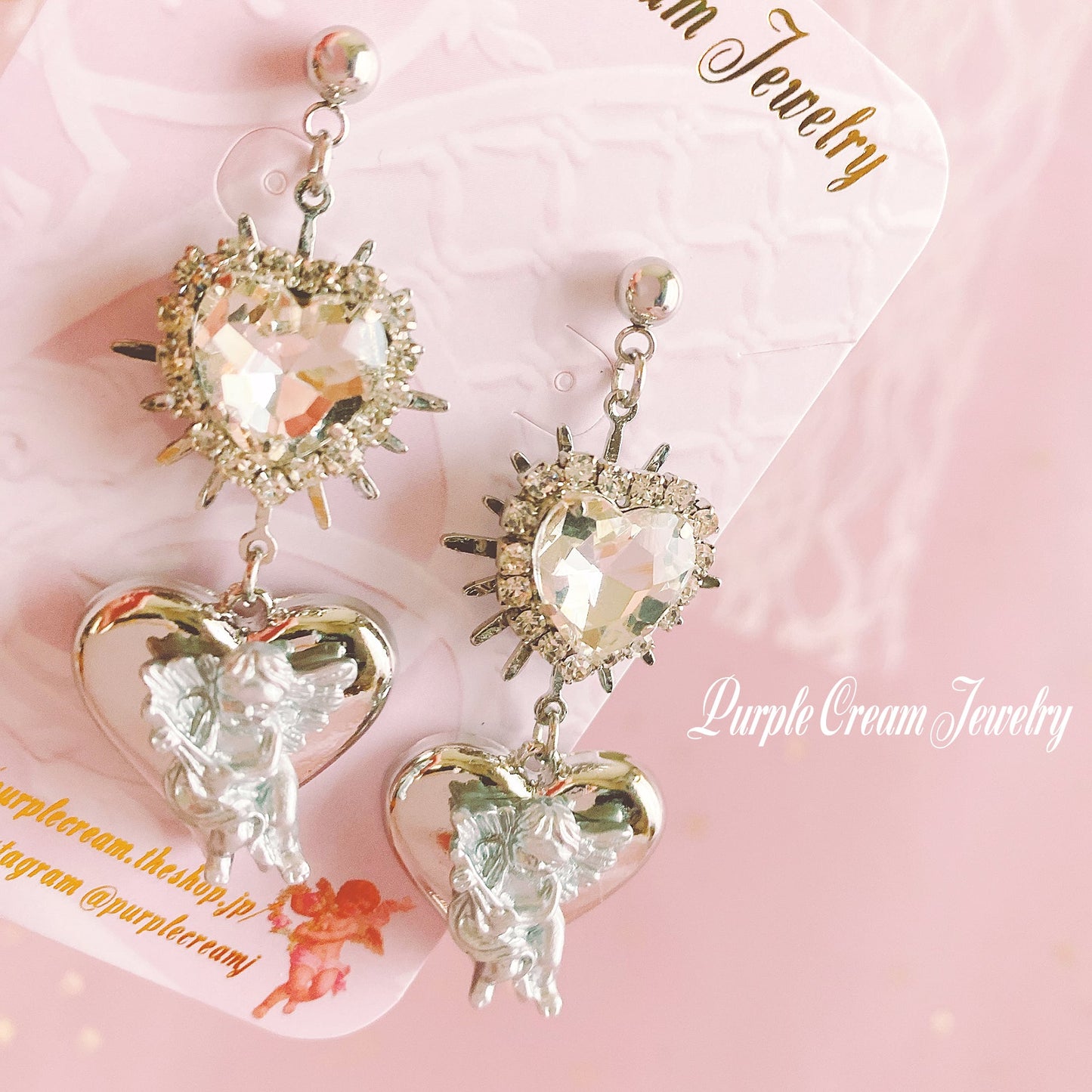 Purple Cream Silver Heart Angel Earrings P1170