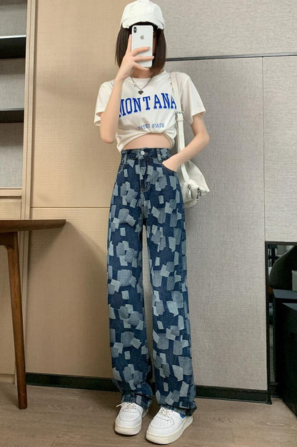 パッチワーク風デニムパンツ BLUE