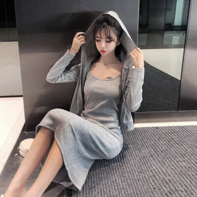 2-piece room wear set: hoodie and camisole dress, gray