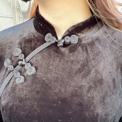 ベロア素材袖刺繍チャイナミニタイトワンピース BLACK