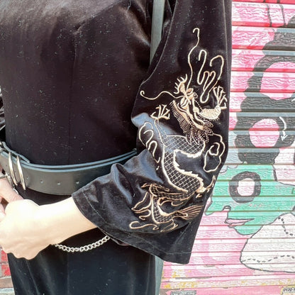 ベロア素材袖刺繍チャイナミニタイトワンピース BLACK