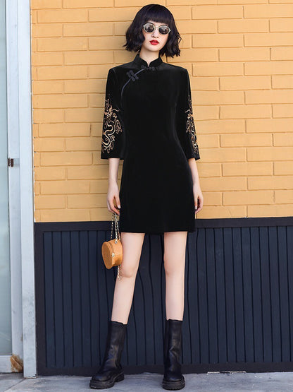 ベロア素材袖刺繍チャイナミニタイトワンピース BLACK