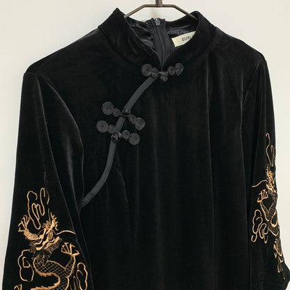 ベロア素材袖刺繍チャイナミニタイトワンピース BLACK
