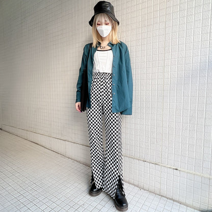 Checkered pattern front slit flare pants Black/White