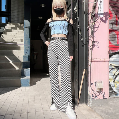 Checkered pattern front slit flare pants Black/White