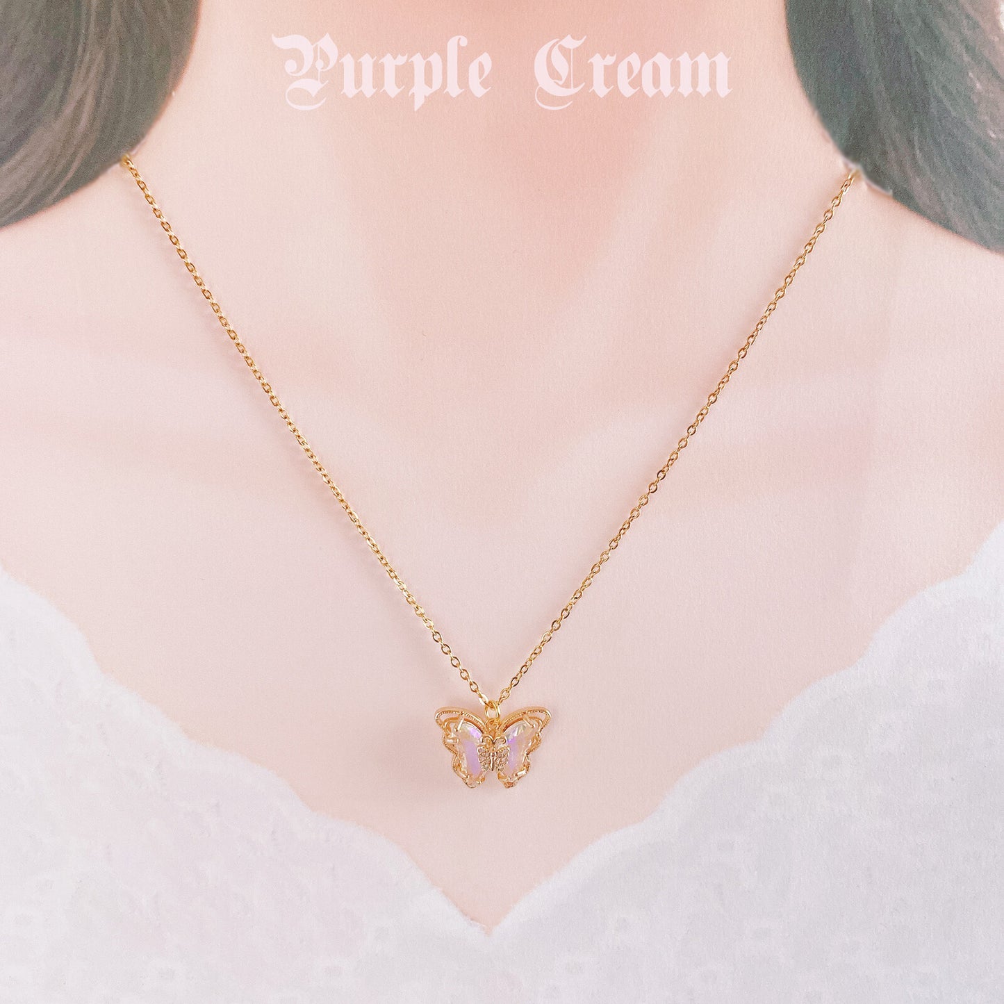 Purple Cream Butterfly Necklace P9384