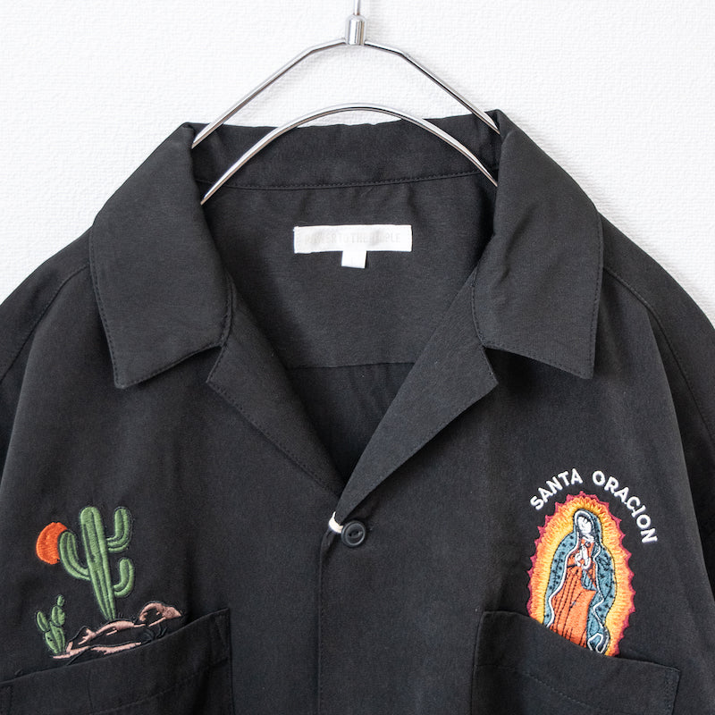 Cactus Guadalupe Pattern Embroidered Short Sleeve Open Collar Shirt BLACK