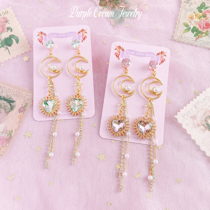 Purple Cream Moon &amp; Heart Long Chain Earrings P1103 Clear