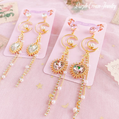Purple Cream Moon &amp; Heart Long Chain Earrings P1103 Clear