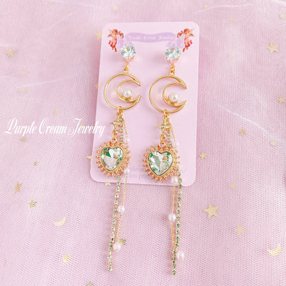 Purple Cream Moon &amp; Heart Long Chain Earrings P1103 Clear