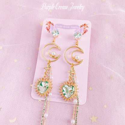 Purple Cream Moon &amp; Heart Long Chain Earrings P1103 Clear
