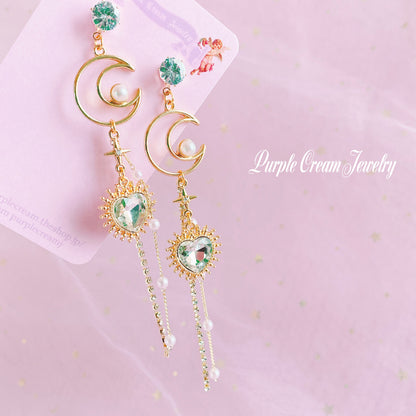 Purple Cream Moon &amp; Heart Long Chain Earrings P1103 Clear