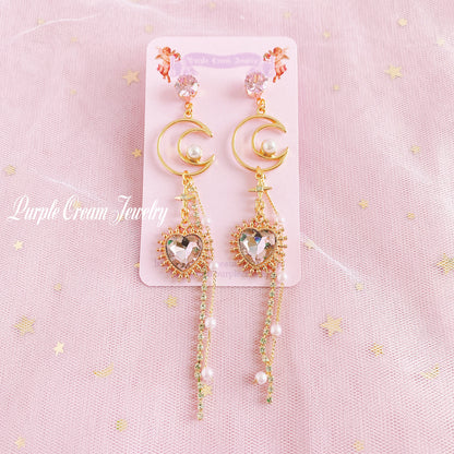Purple Cream Moon &amp; Heart Long Chain Earrings P1103 Clear