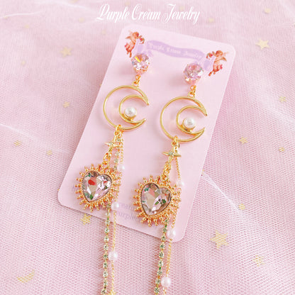 Purple Cream Moon &amp; Heart Long Chain Earrings P1103 Clear
