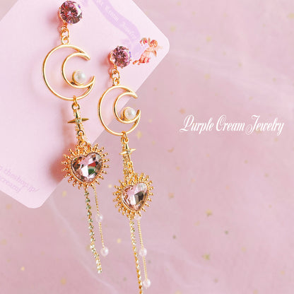 Purple Cream Moon &amp; Heart Long Chain Earrings P1103 Clear