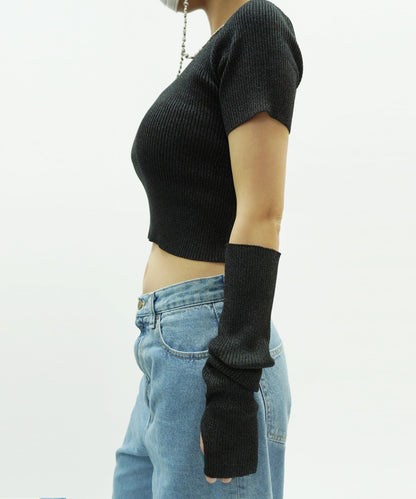 ラメリブ ショートTシャツ アームウォーマー付き BLACK*