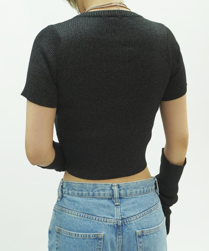 ラメリブ ショートTシャツ アームウォーマー付き BLACK*