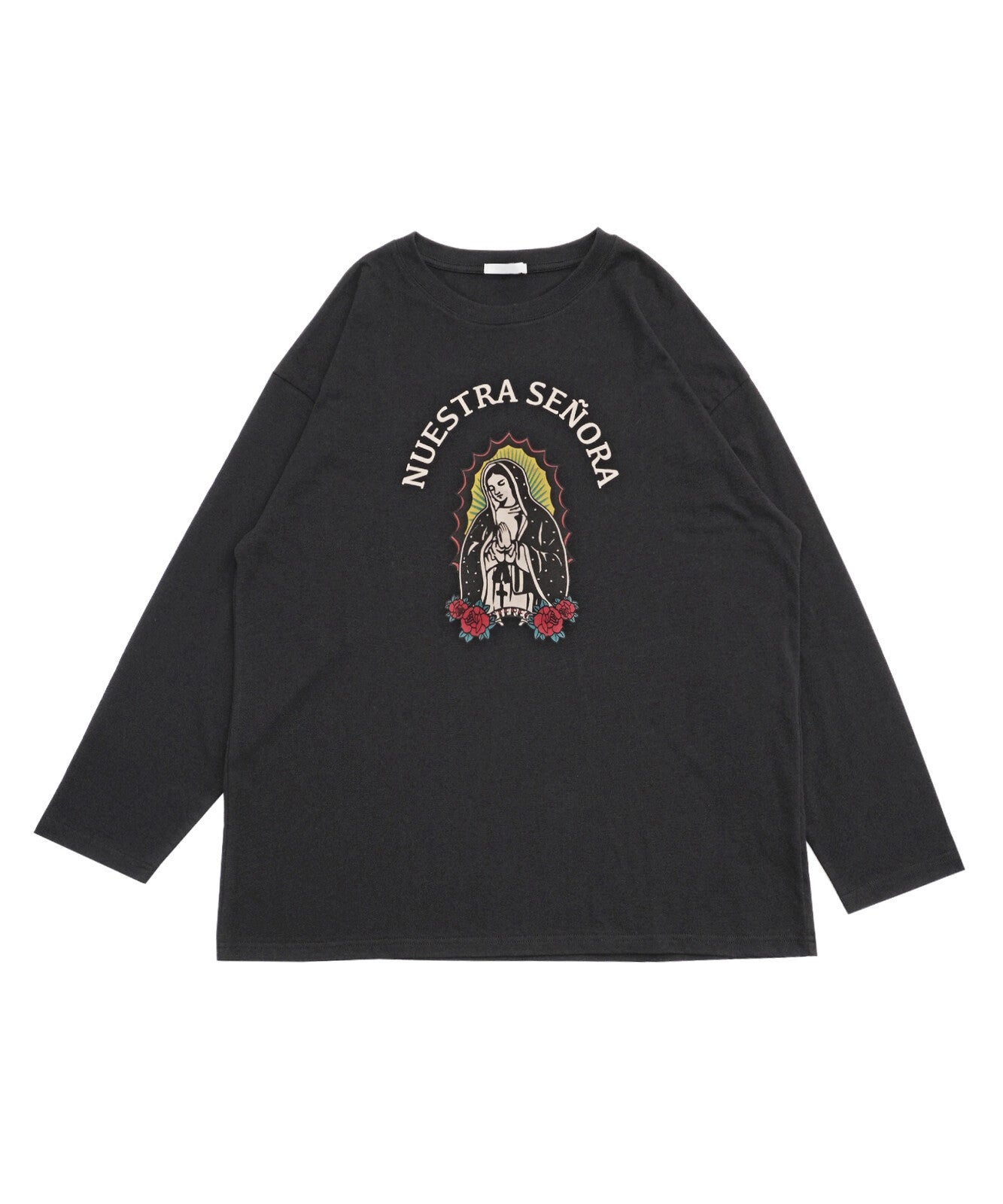 Guadalupe Maria Pattern Big Long Sleeve T-Shirt BLACK