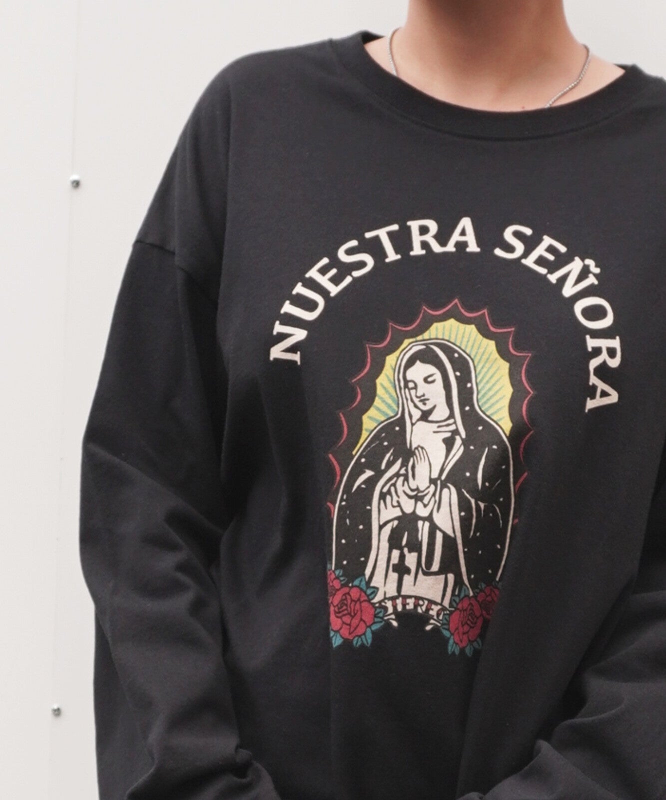 Guadalupe Maria Pattern Big Long Sleeve T-Shirt BLACK