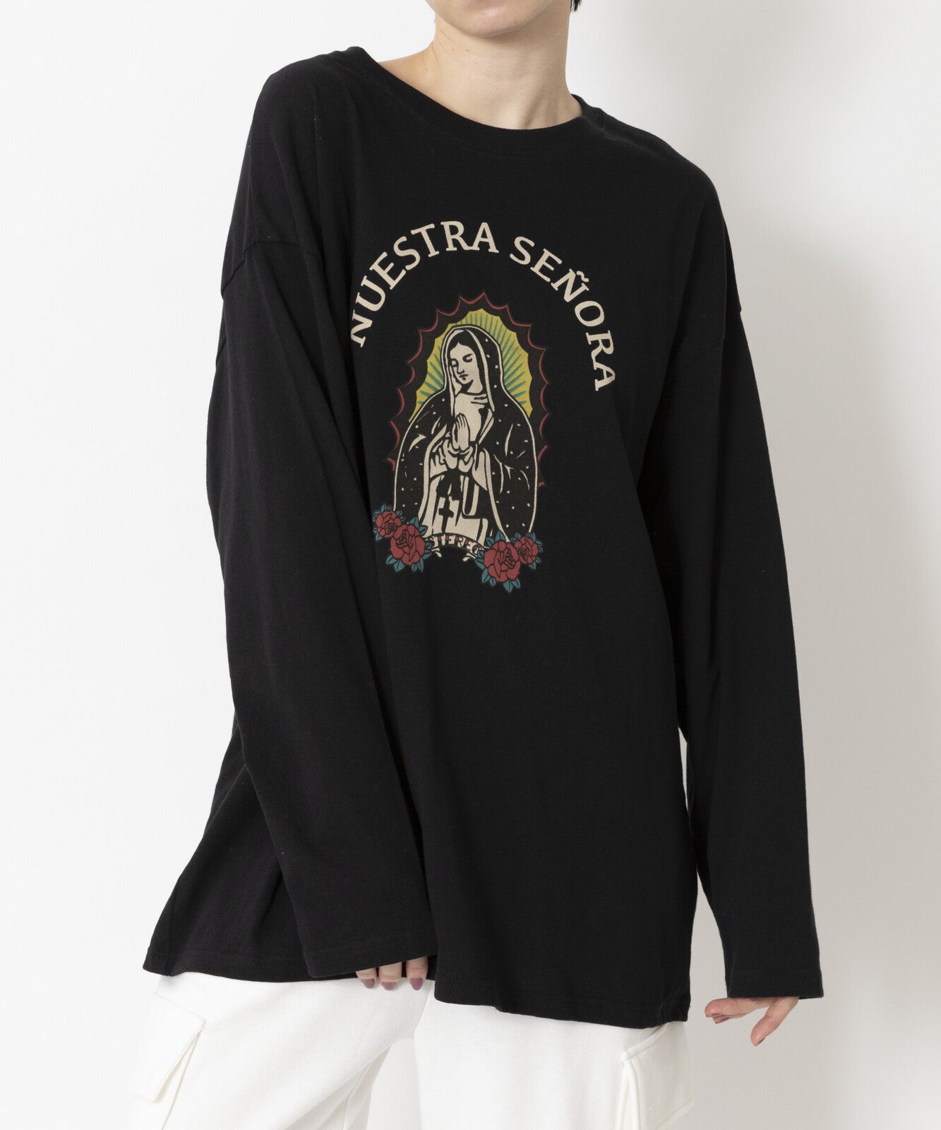 Guadalupe Maria Pattern Big Long Sleeve T-Shirt BLACK