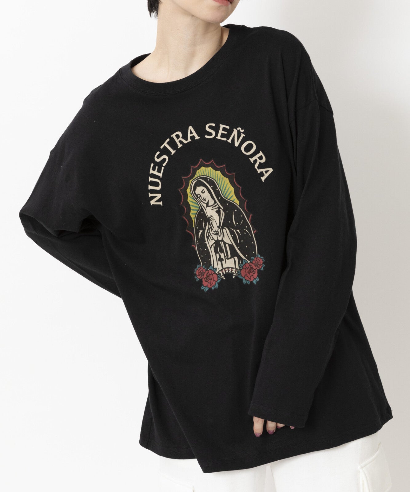 Guadalupe Maria Pattern Big Long Sleeve T-Shirt BLACK