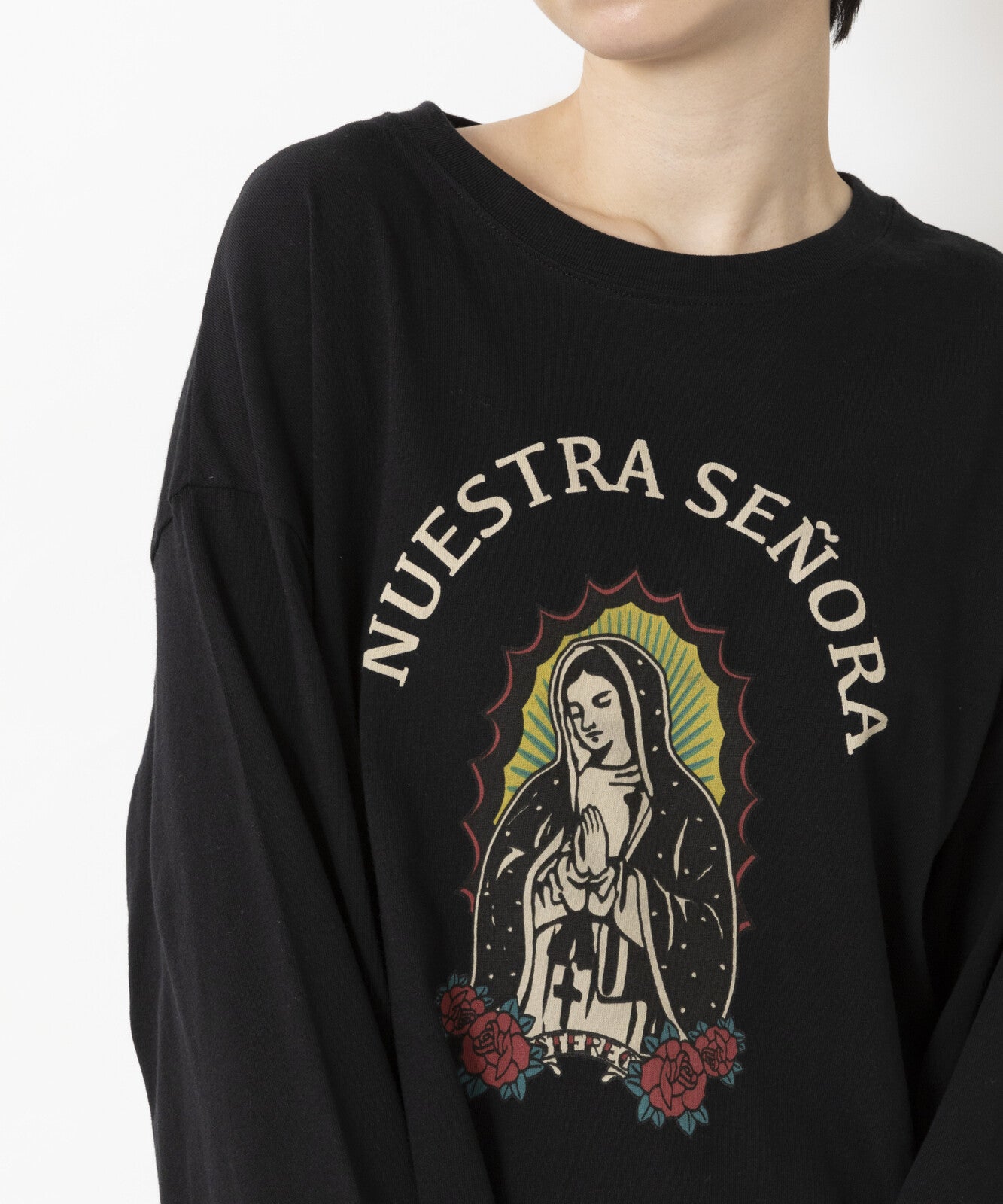 Guadalupe Maria Pattern Big Long Sleeve T-Shirt BLACK