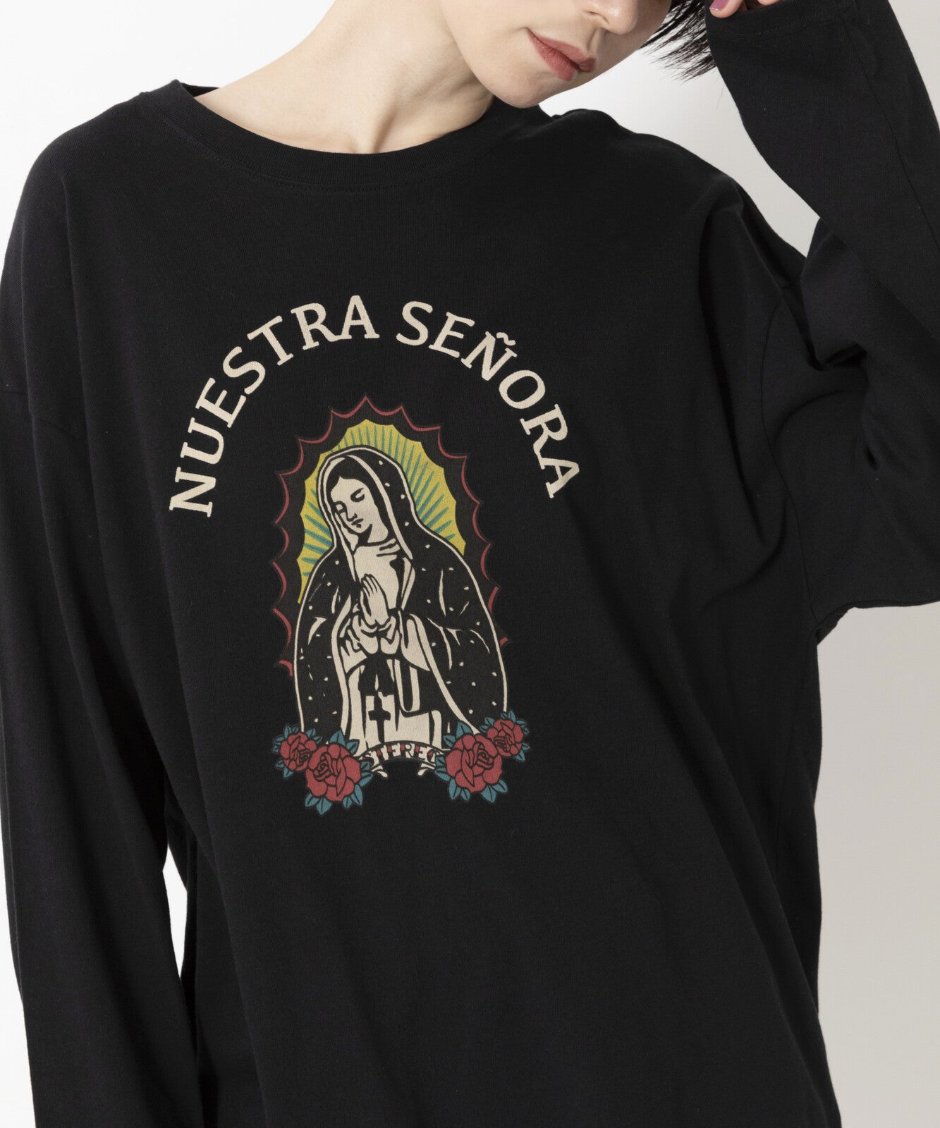 Guadalupe Maria Pattern Big Long Sleeve T-Shirt BLACK