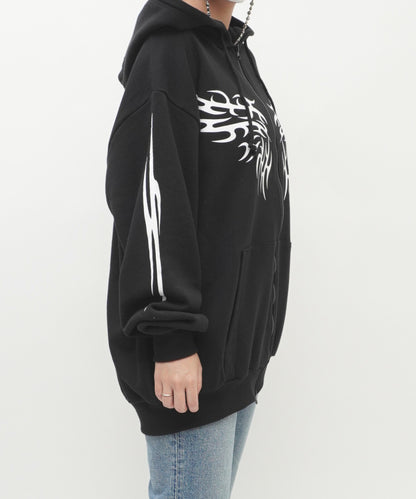 トライバルプリント 裏毛 ユニセックスボディ BIGジップパーカー BLACK