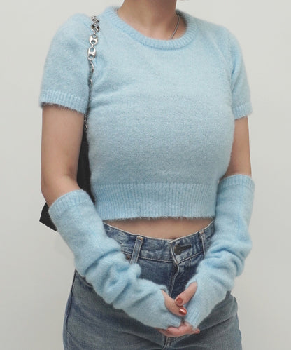 フェザーモール半袖アームウォーマー付 Tシャツ BLUE