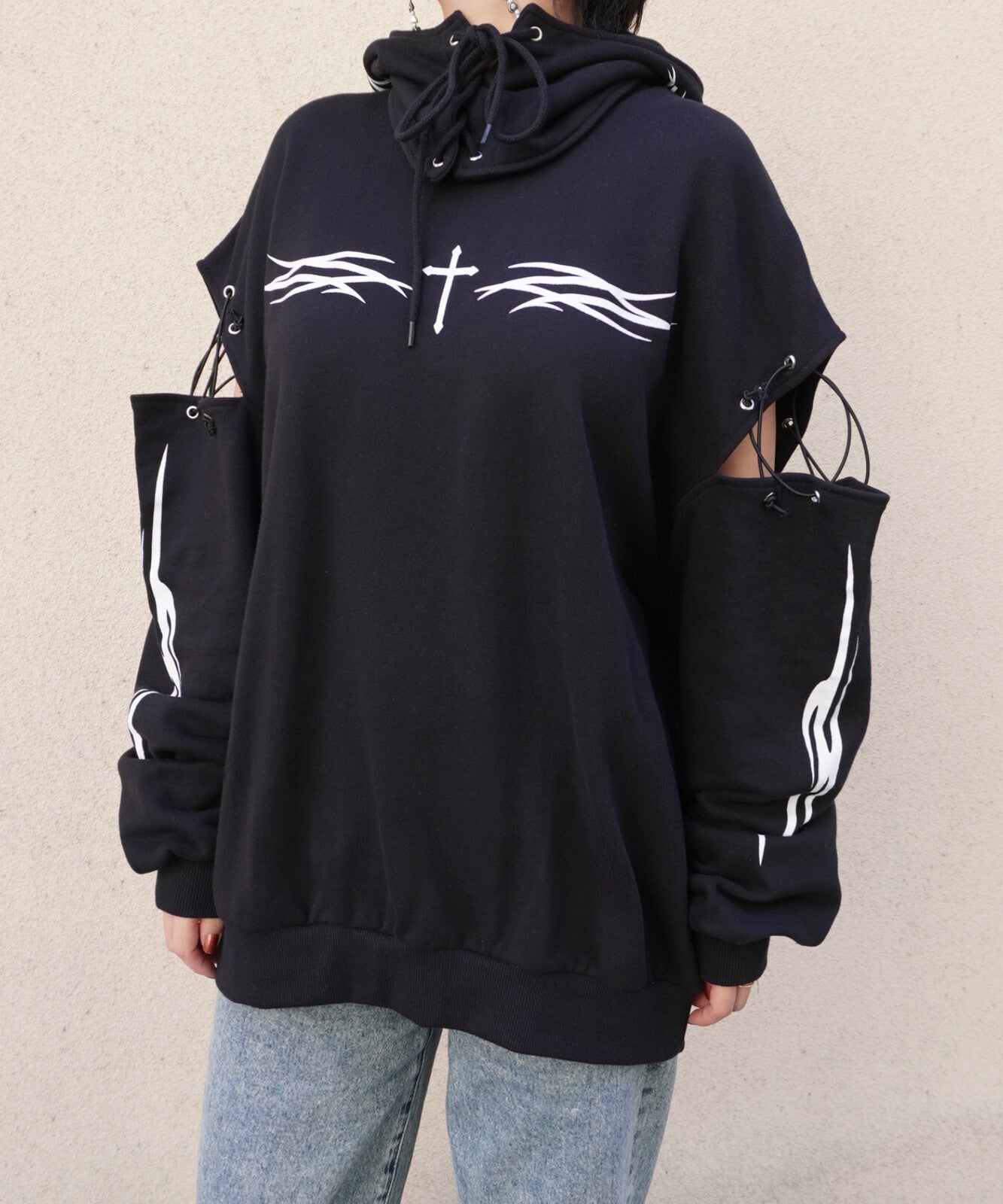 Tribal Print Fleece Pullover Sweat Top BLACK