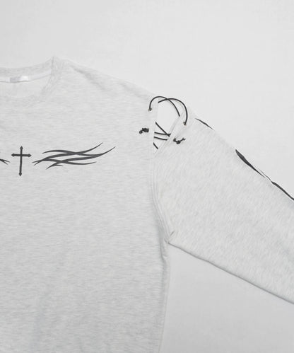 トライバル プリント 裏毛プルオーバー スウェットトップ GRAY