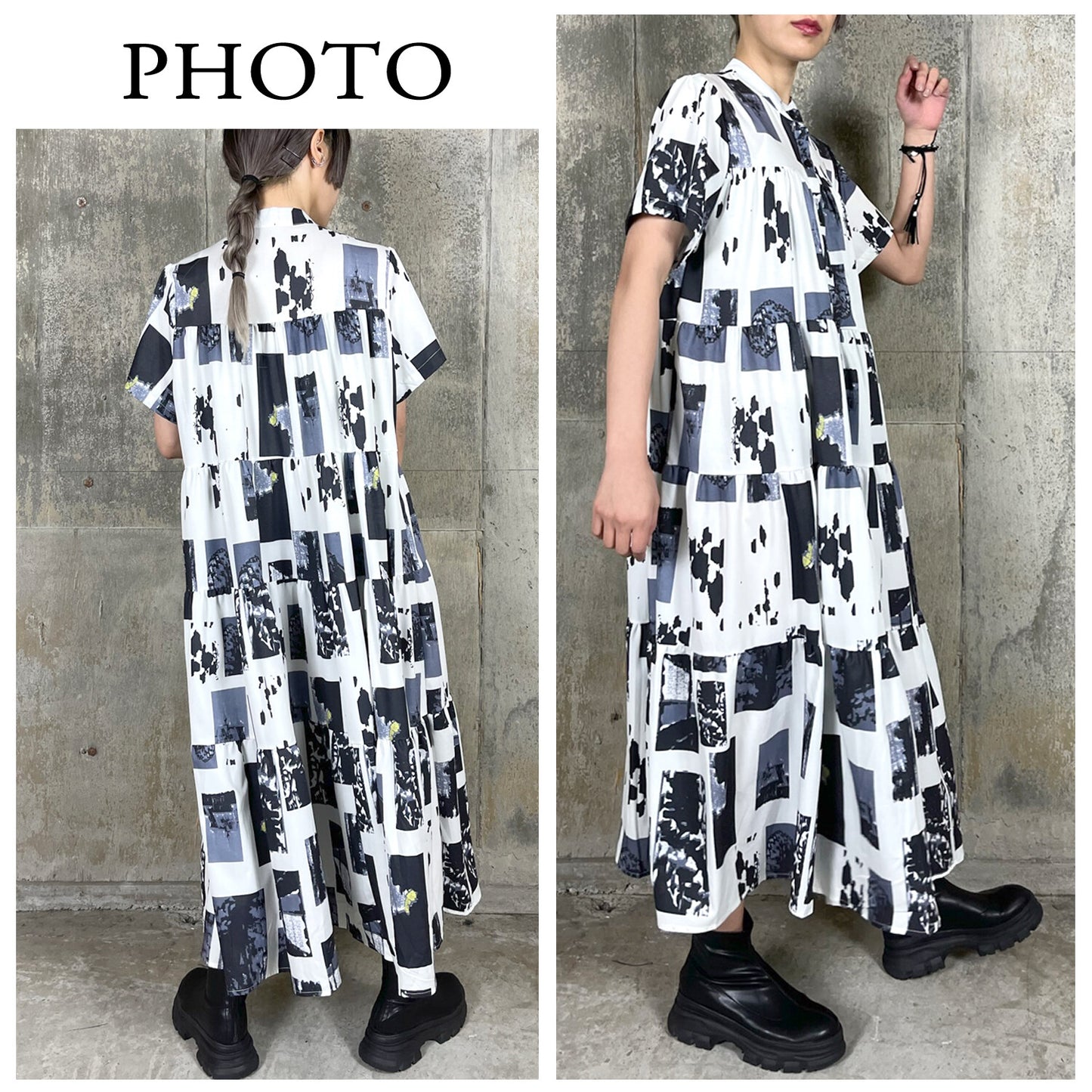 RooM404 Printed tiered half-open collar loose and fluffy long shirt dress WHITE