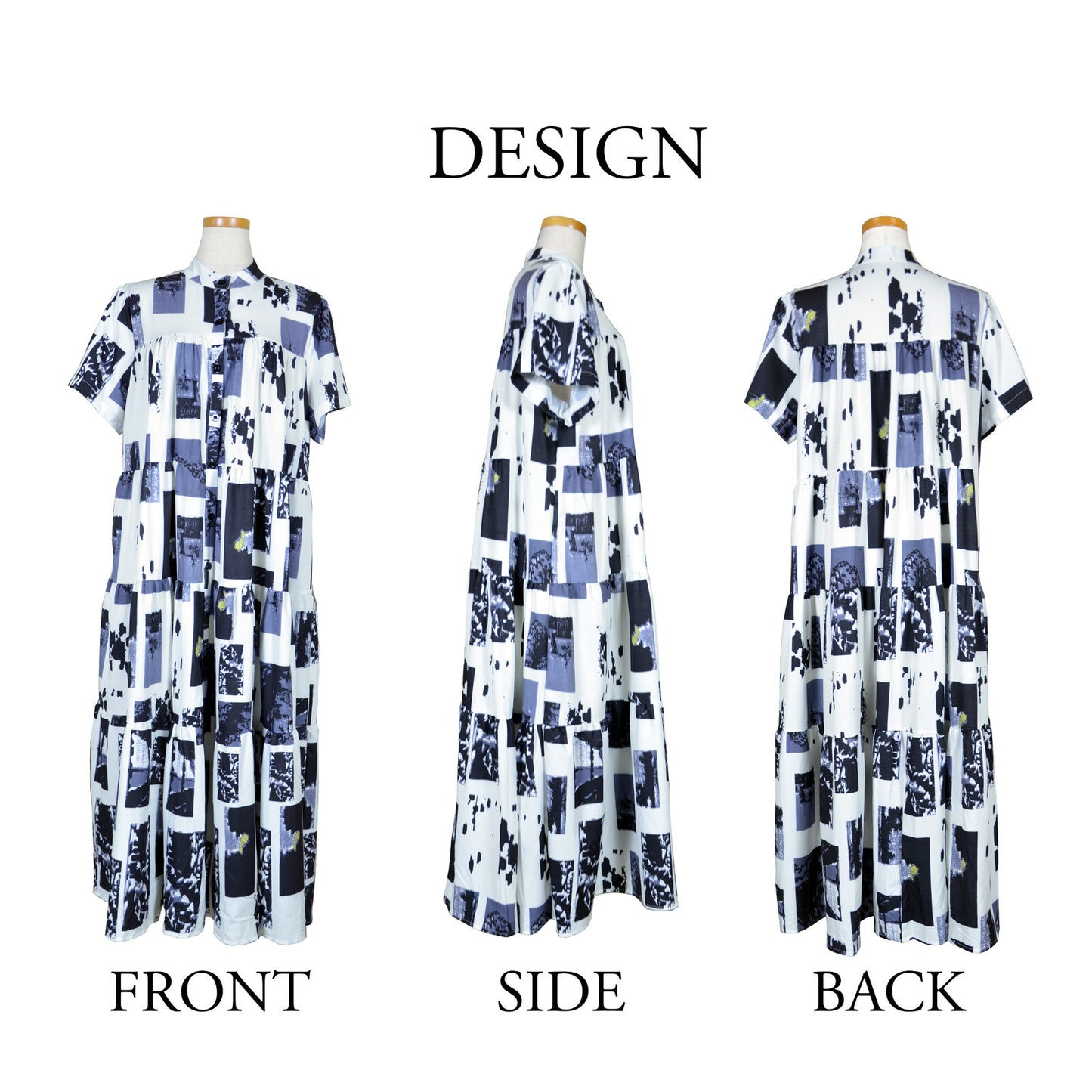 RooM404 Printed tiered half-open collar loose and fluffy long shirt dress WHITE