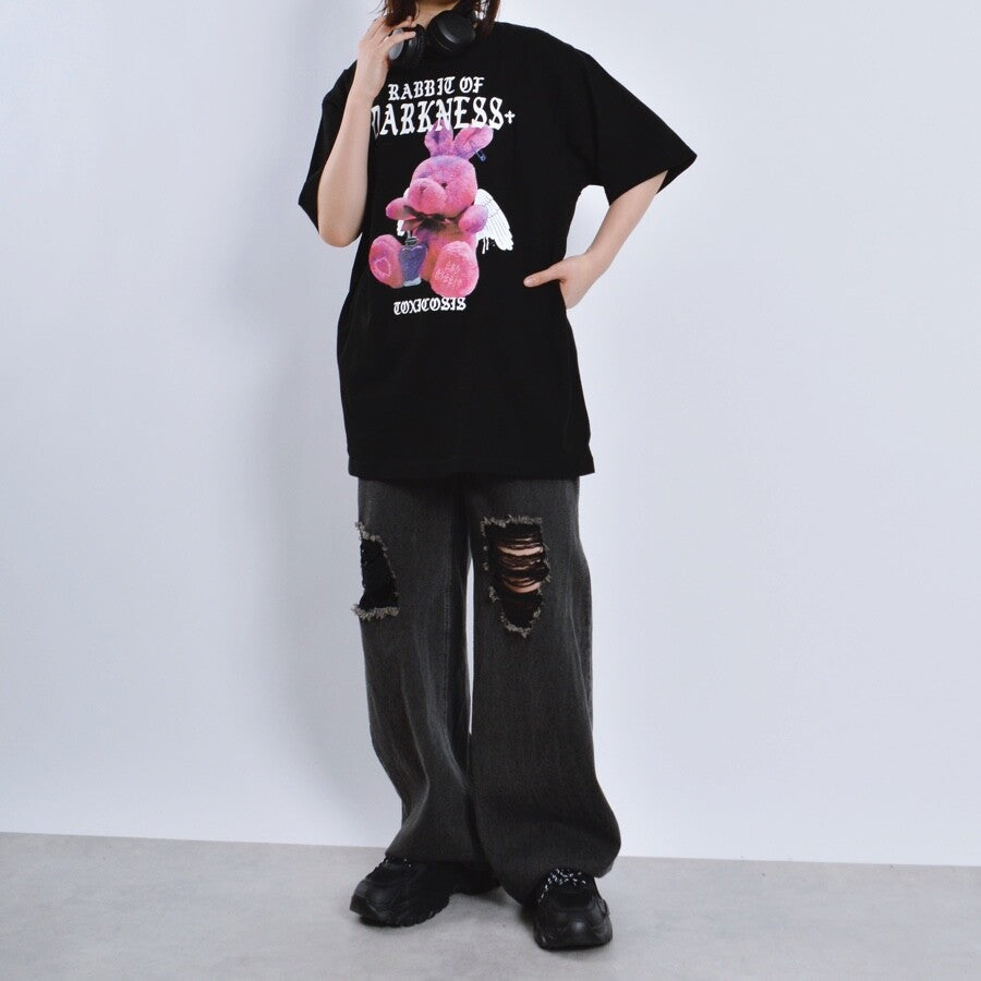 アニマルプリントTシャツ RABBIT BLACK PINK