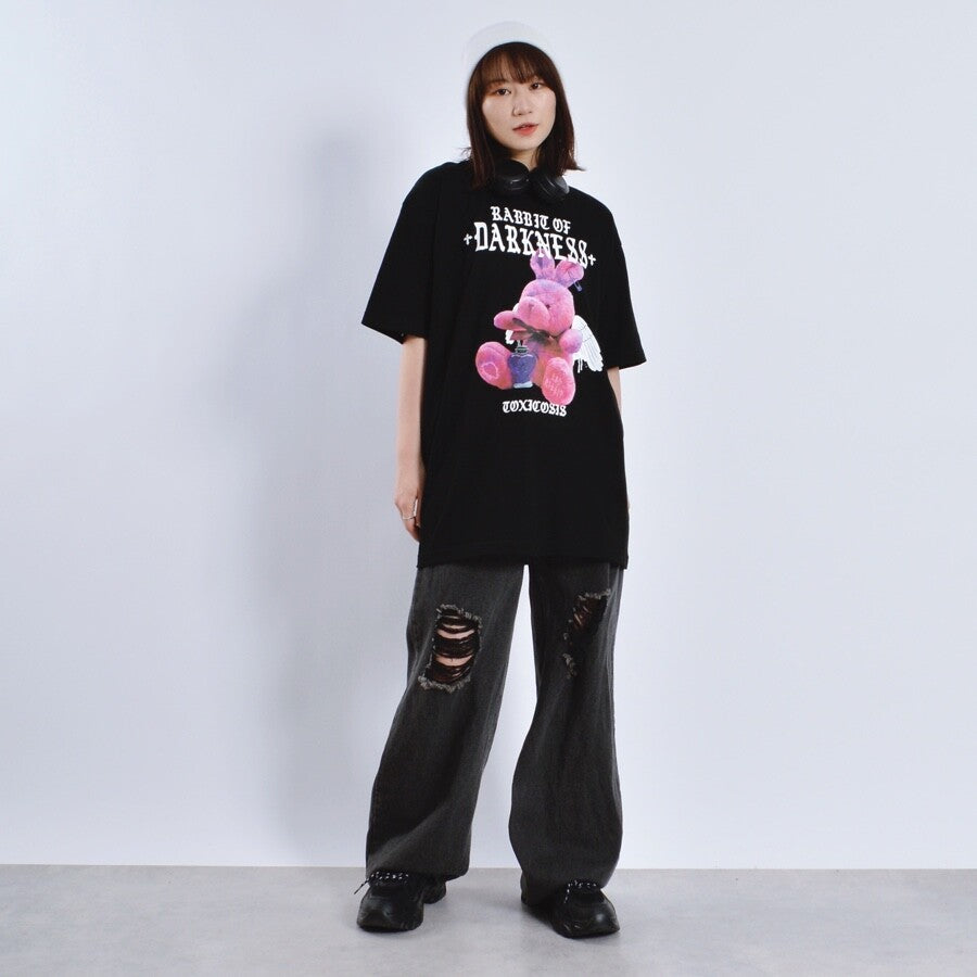 アニマルプリントTシャツ RABBIT BLACK PINK