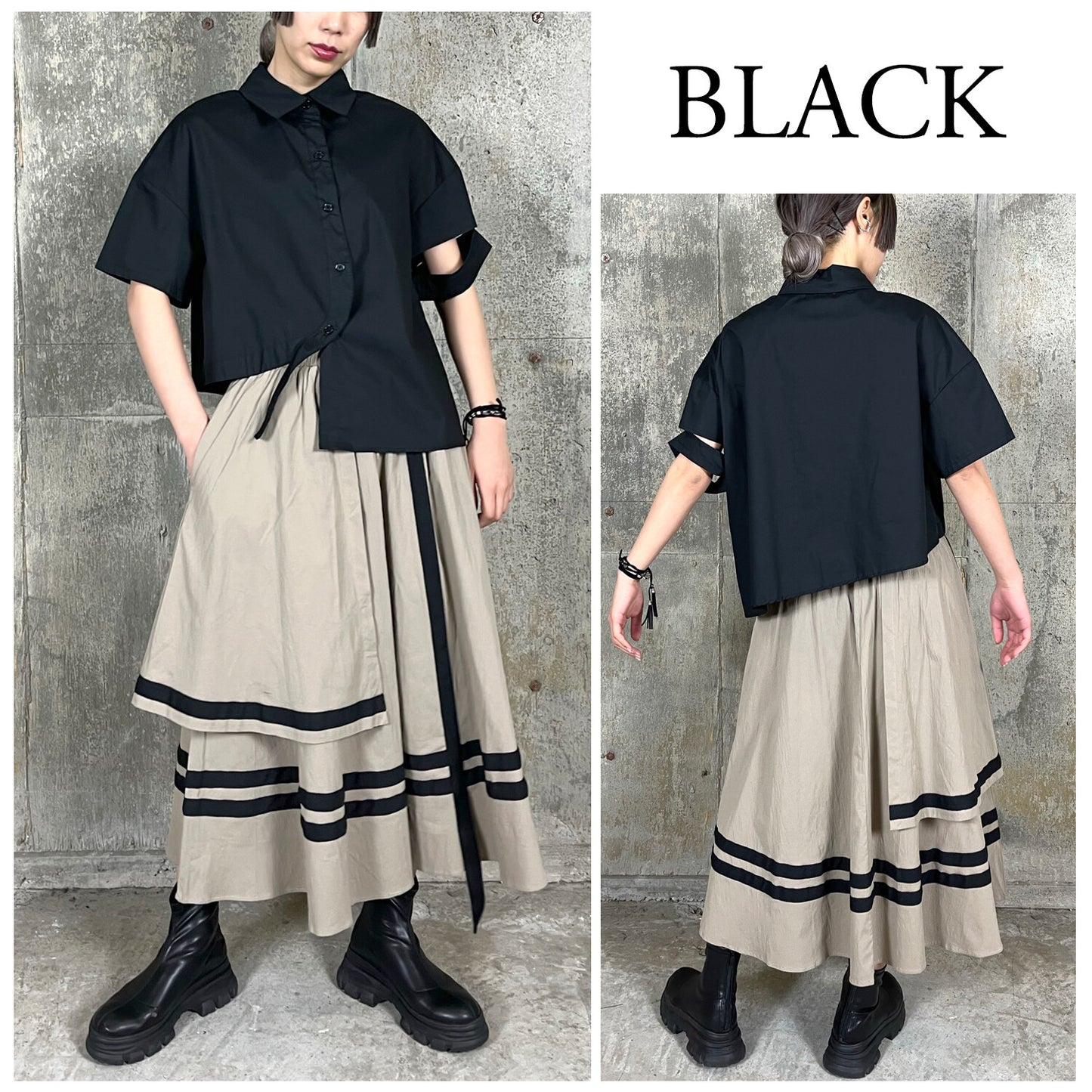 RooM404 Sleeve cut Front hem round Asymmetrical shirt blouse BLACK