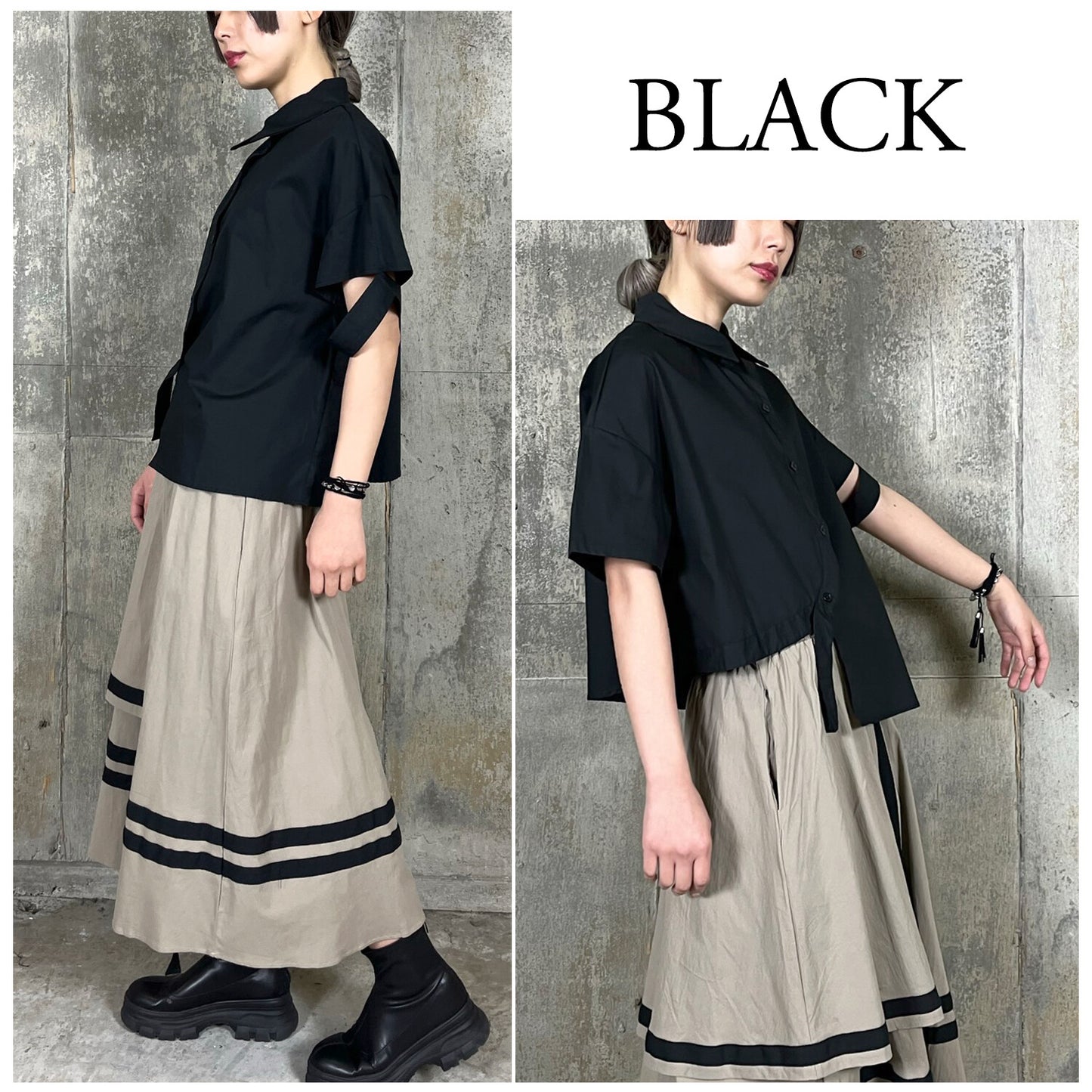 RooM404 Sleeve cut Front hem round Asymmetrical shirt blouse BLACK