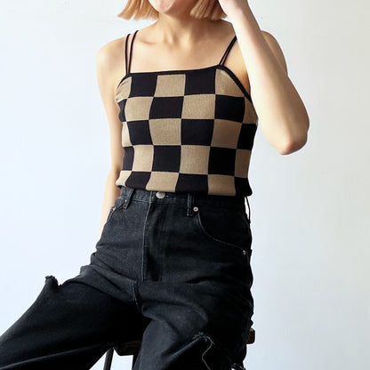 sourire ニット ブロックチェック キャミソール BLACK BROWN